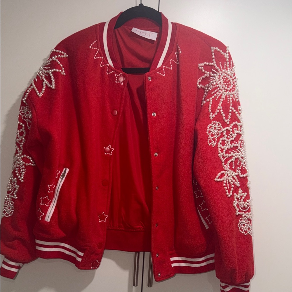 Women's Red Pearl-Embellished Varsity Jacket by